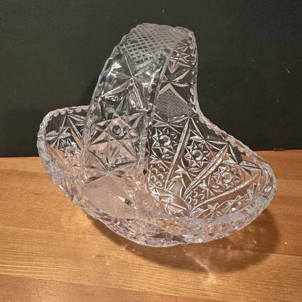 Vtg Clear Glass Basket Star Diamond Pattern Starburst 7